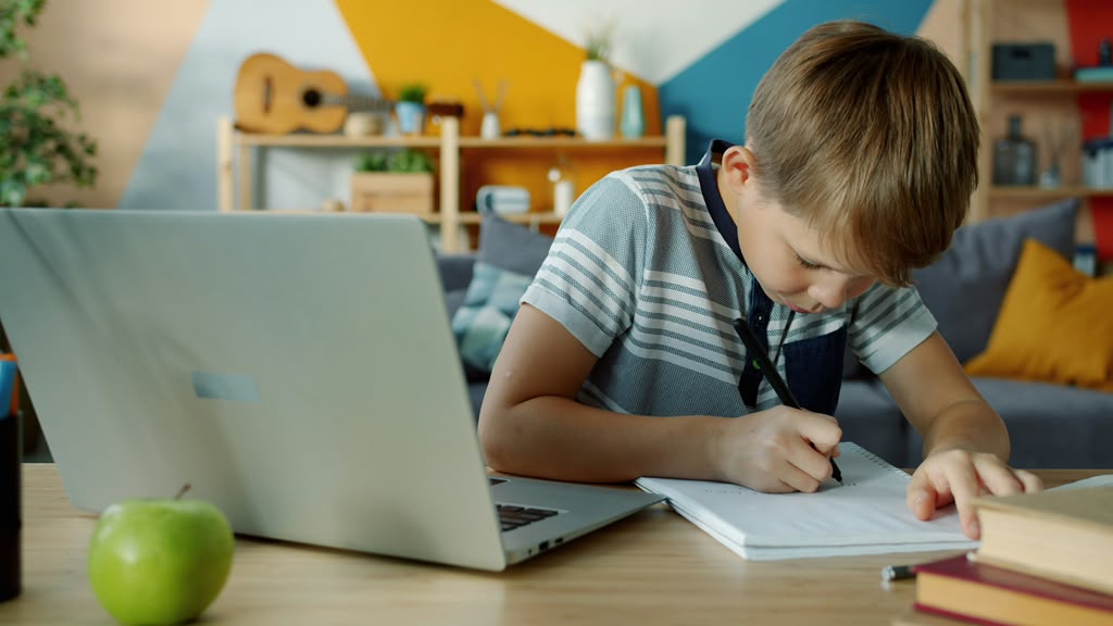 Boy writing in a notebook at home