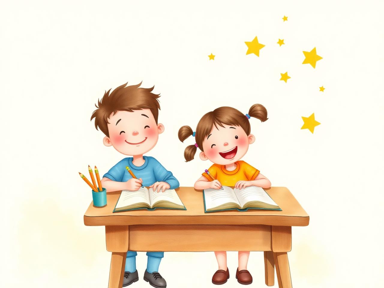 Happy children writing at a desk
